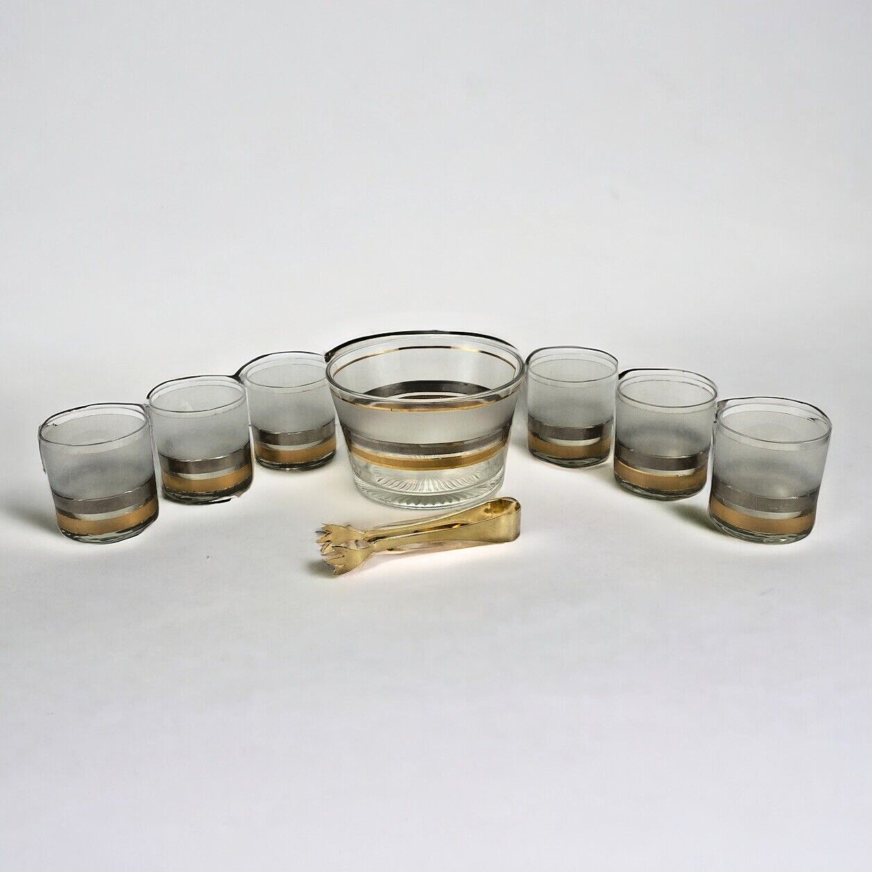 MCM CULVER INC 22K Gold On The Rocks 8 PC. Bar Ware ~ Ice Bowl ~ Whiskey Glasses