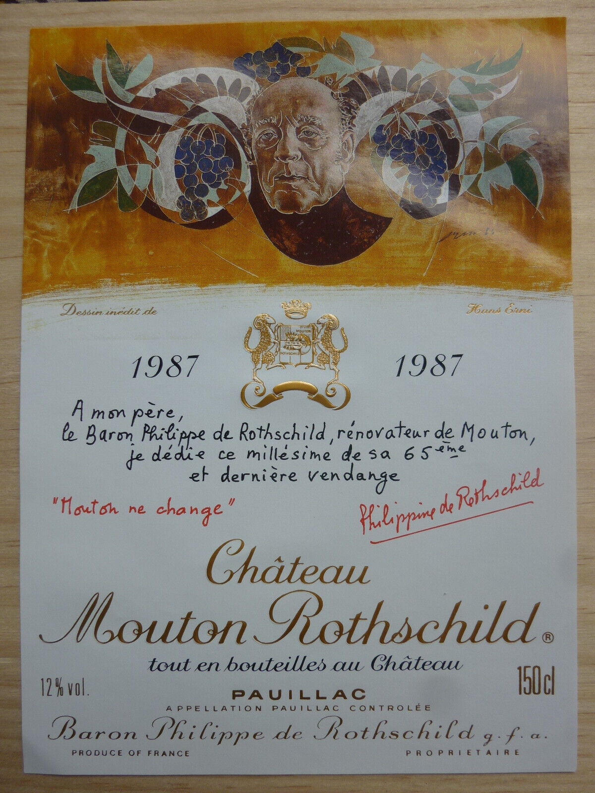 1987 150cl MAGNUM wine label chateau Mouton Rothschild wine label Hans Erni