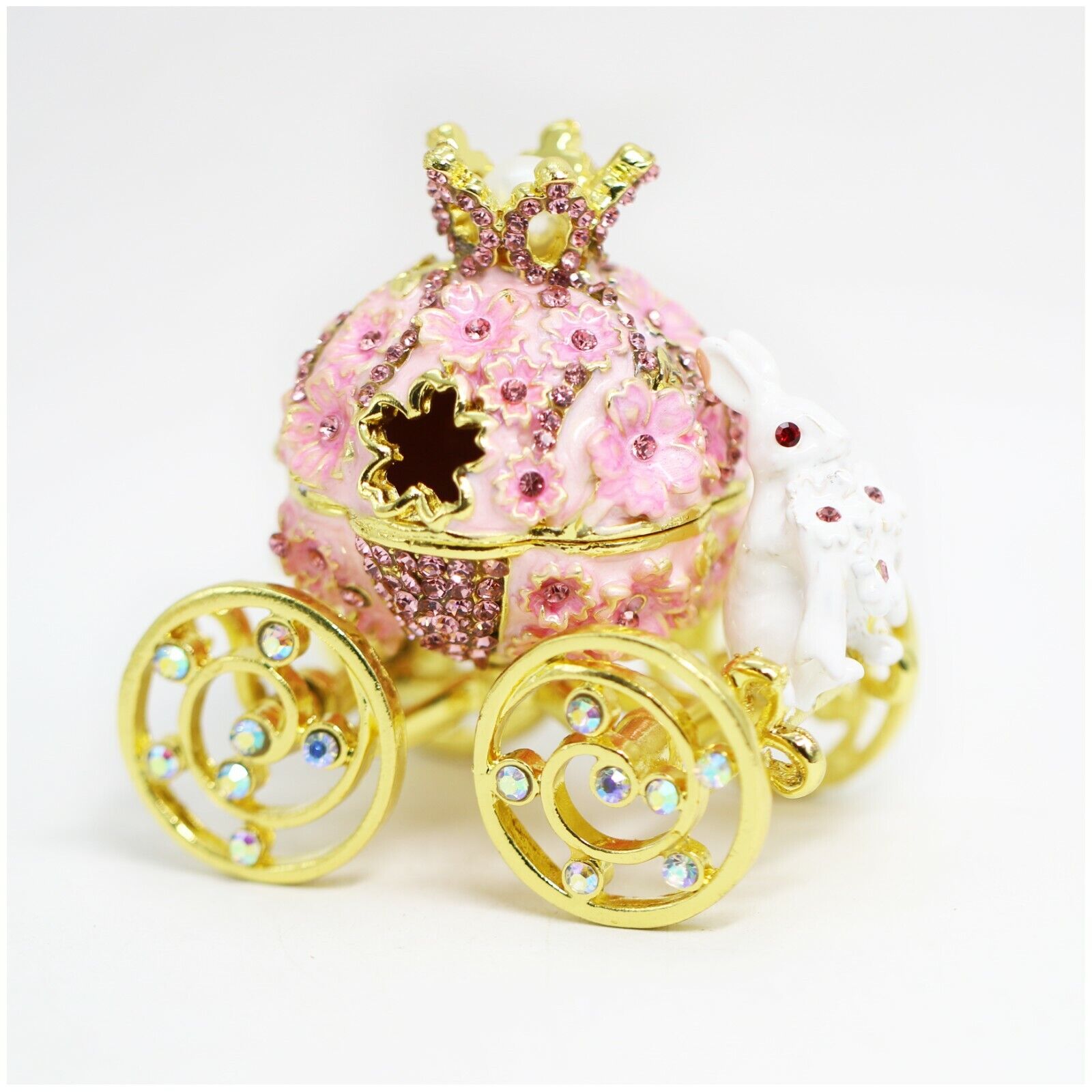 Bejeweled Enameled Trinket Box/Figurine With Rhinestones-Pink Bunny Carriage