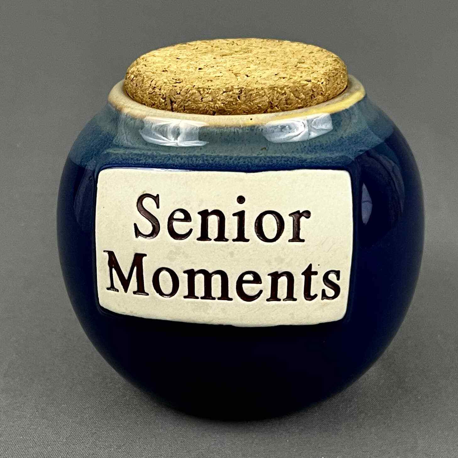 Tumbleweed Pottery Senior Moments Blue Ombre Jar with Cork Lid About 4.75 in