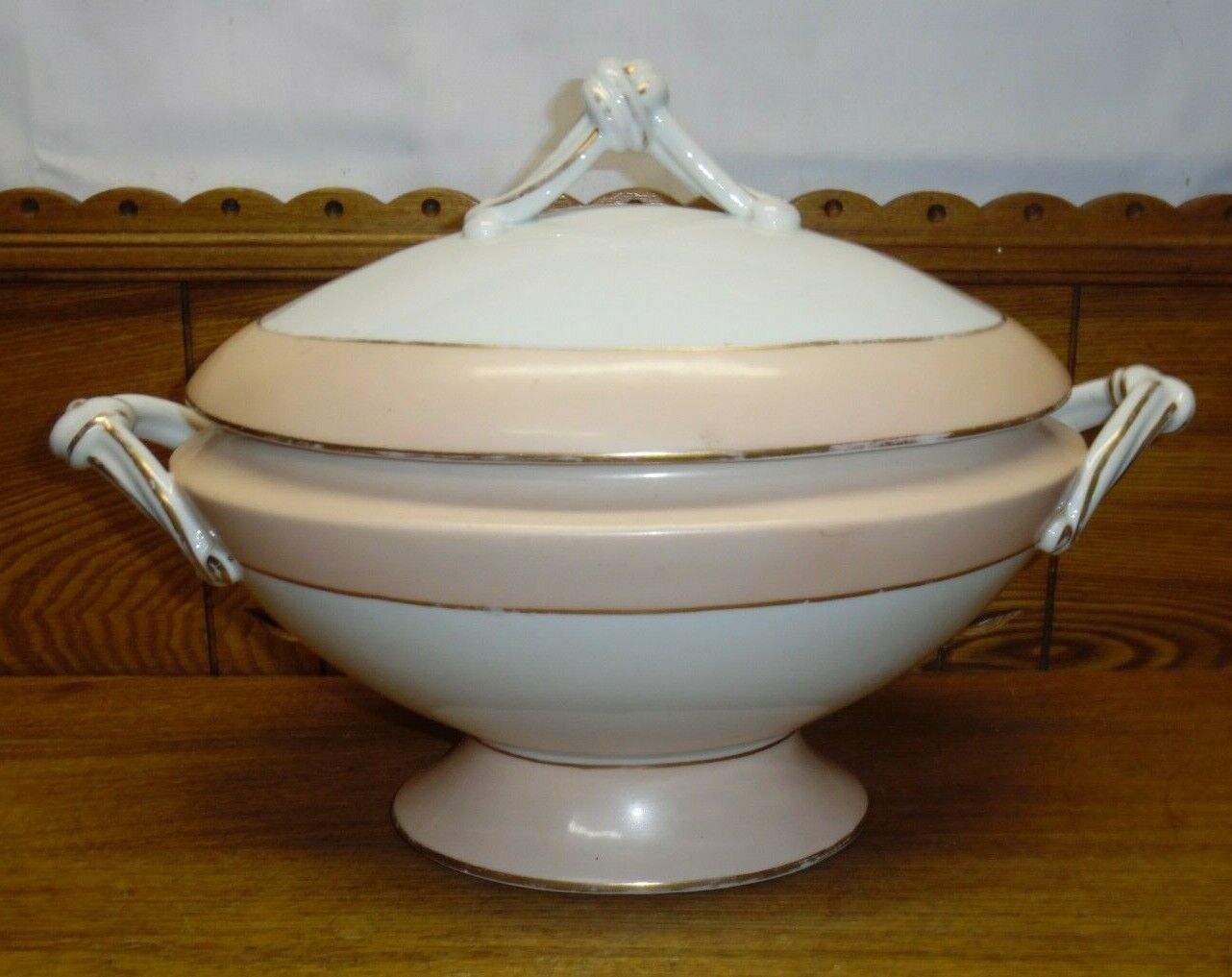 Large Antique French Old Paris Porcelain Pink Border Tureen - MUCH GOLD WEAR