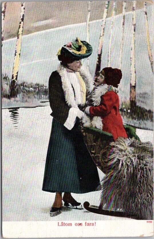 Vintage 1910s Postcard Mother Daughter Ice Skating Frozen Pond \