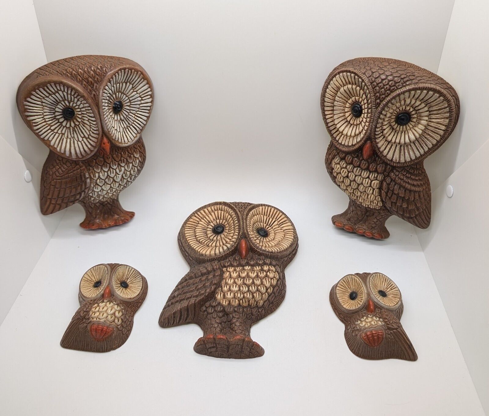 Vintage 70s Big Eye Owl Family Wall Plaques Decor Foam Kitschy Owls Set of 5