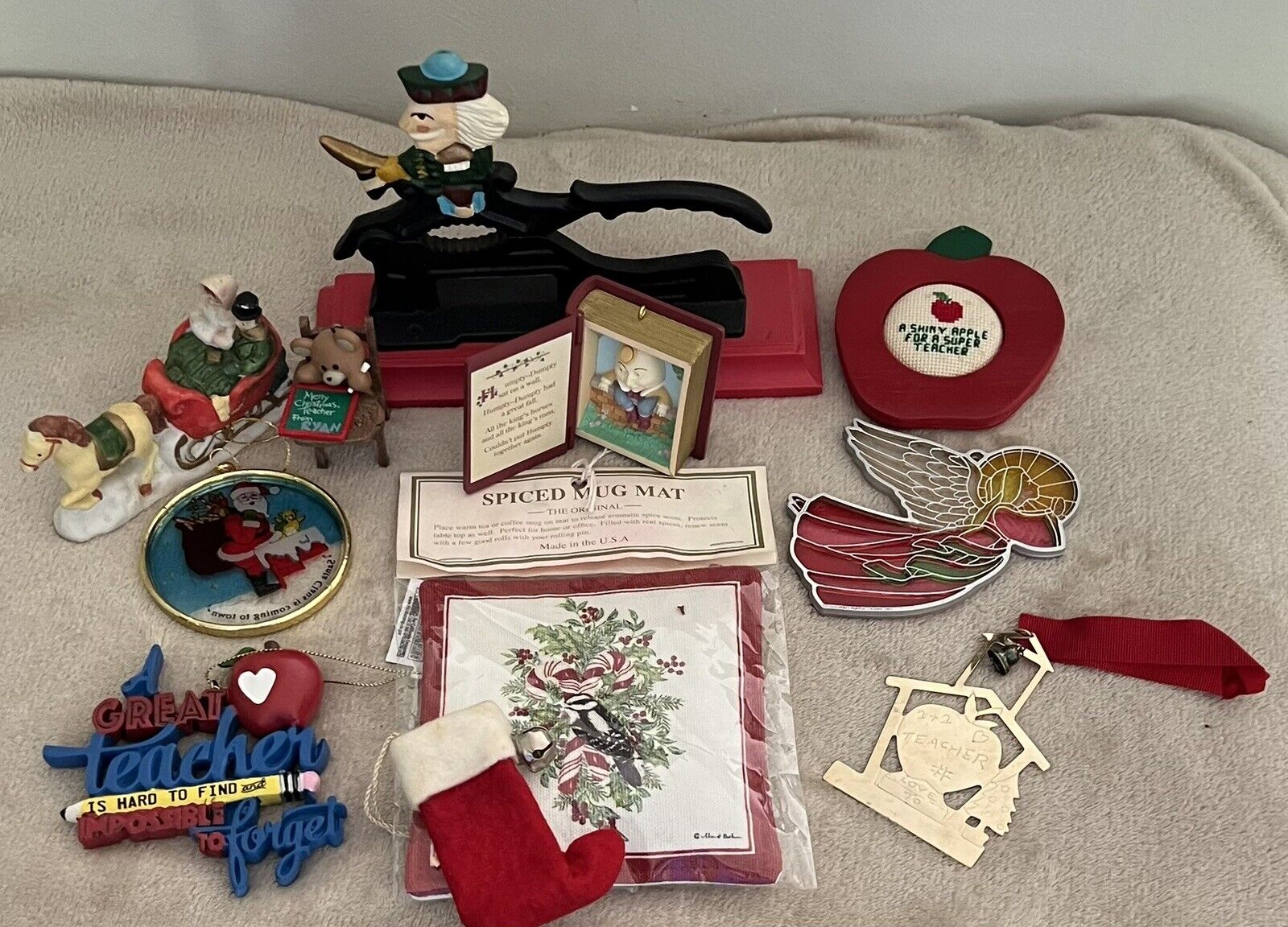 Vtg Christmas Lot - Iron Nutcracker Ornament Assortment, Angel, Humpty, Teacher