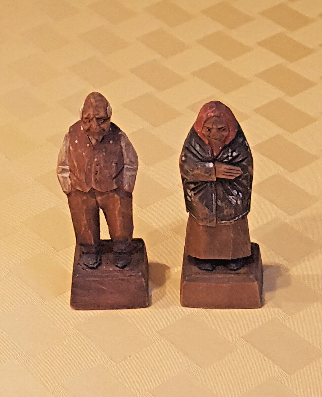 Vintage Pair of Small Hand-carved Wooden Old Man and Woman Figurines