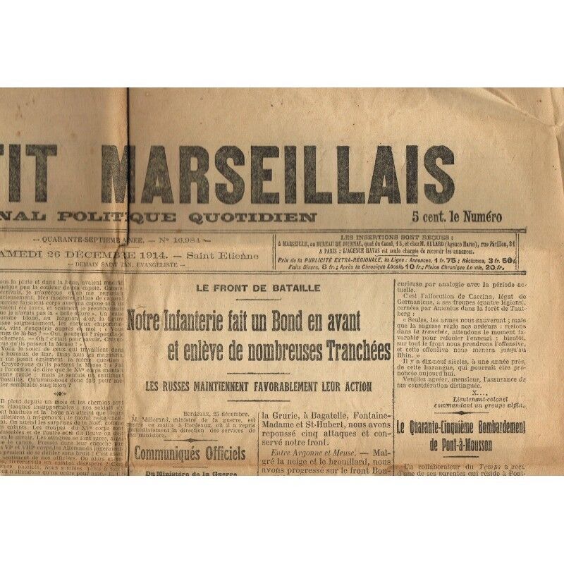 Le PETIT MARSEILLAIS 26-12-1914 L. BOUDOURESQUE Saulce St Oyen Théziers Mudaison