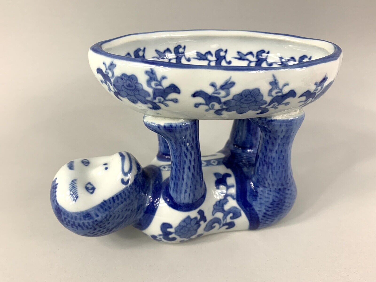 Chinoiserie Blue White Porcelain Ceramic Monkey Holding Up Soap Candy Bowl Dish