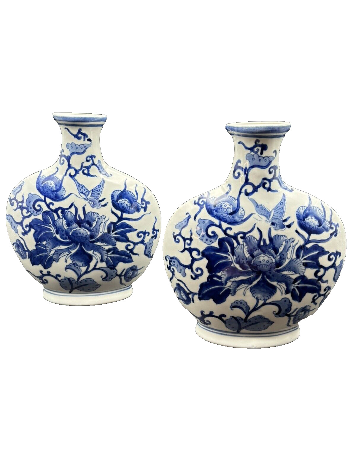Vintage Blue and White Chinese Ceramic Floral Vases