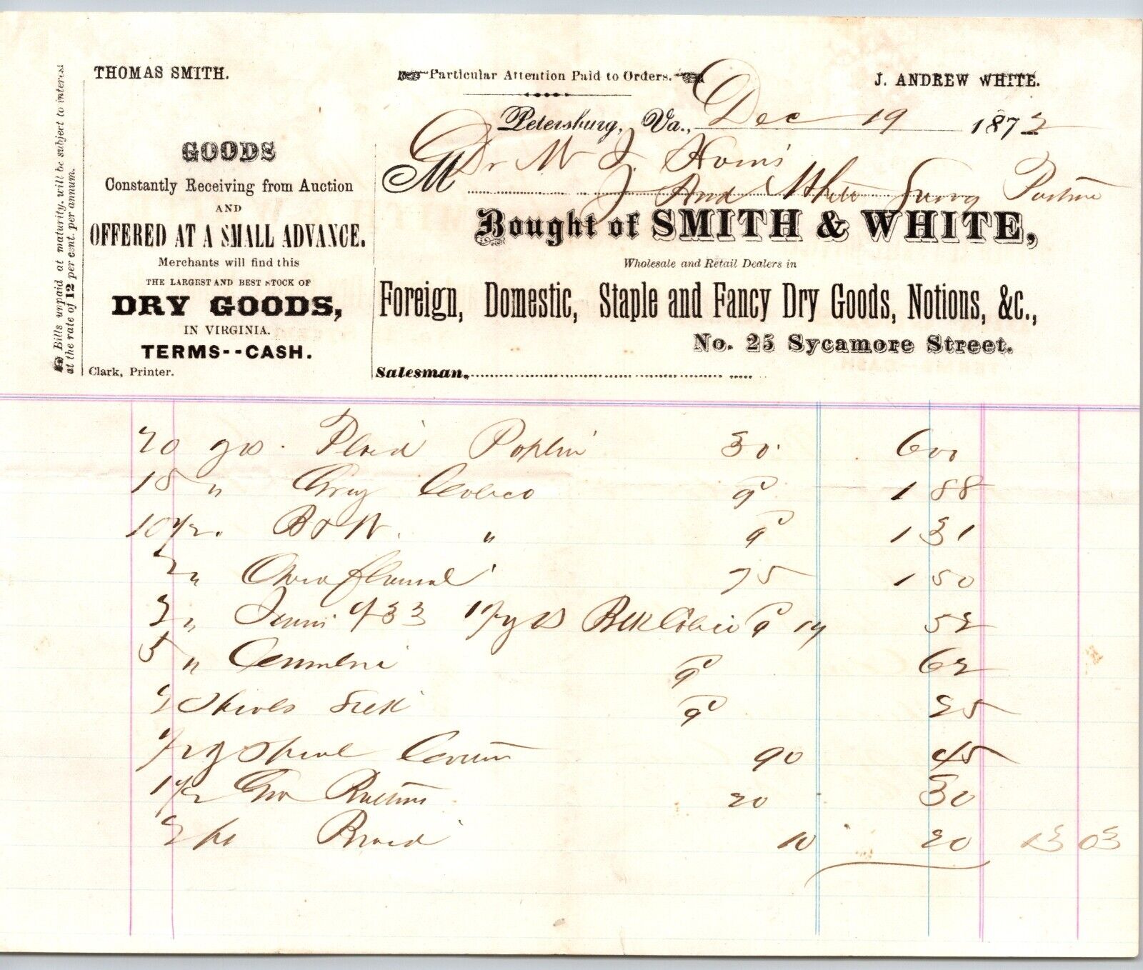 Petersburg, VA Smith & White Staple and Fancy Dry Goods 1872 Billhead Scarce