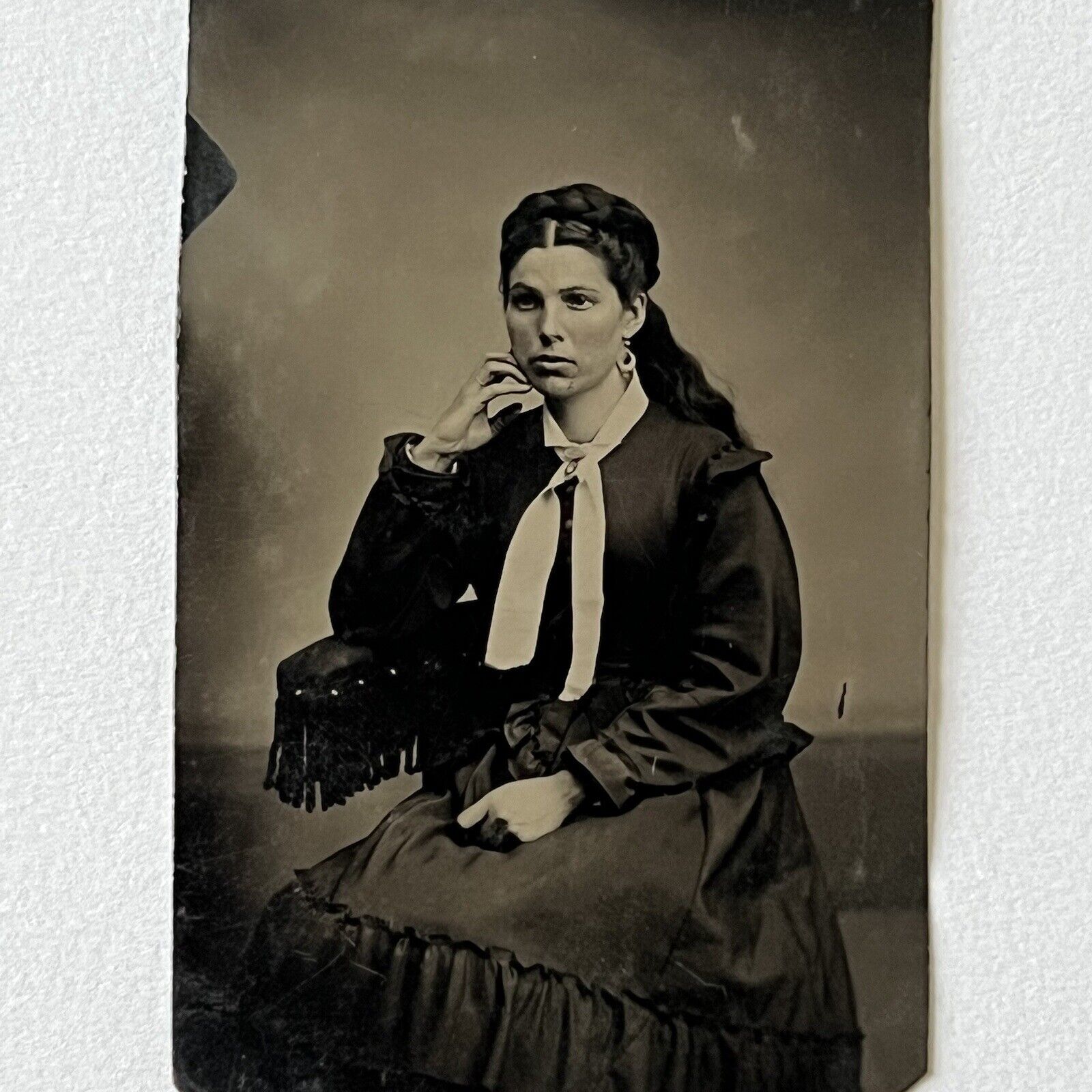 Antique Tintype Photograph Beautiful Enchanting Young Woman Long Braided Hair