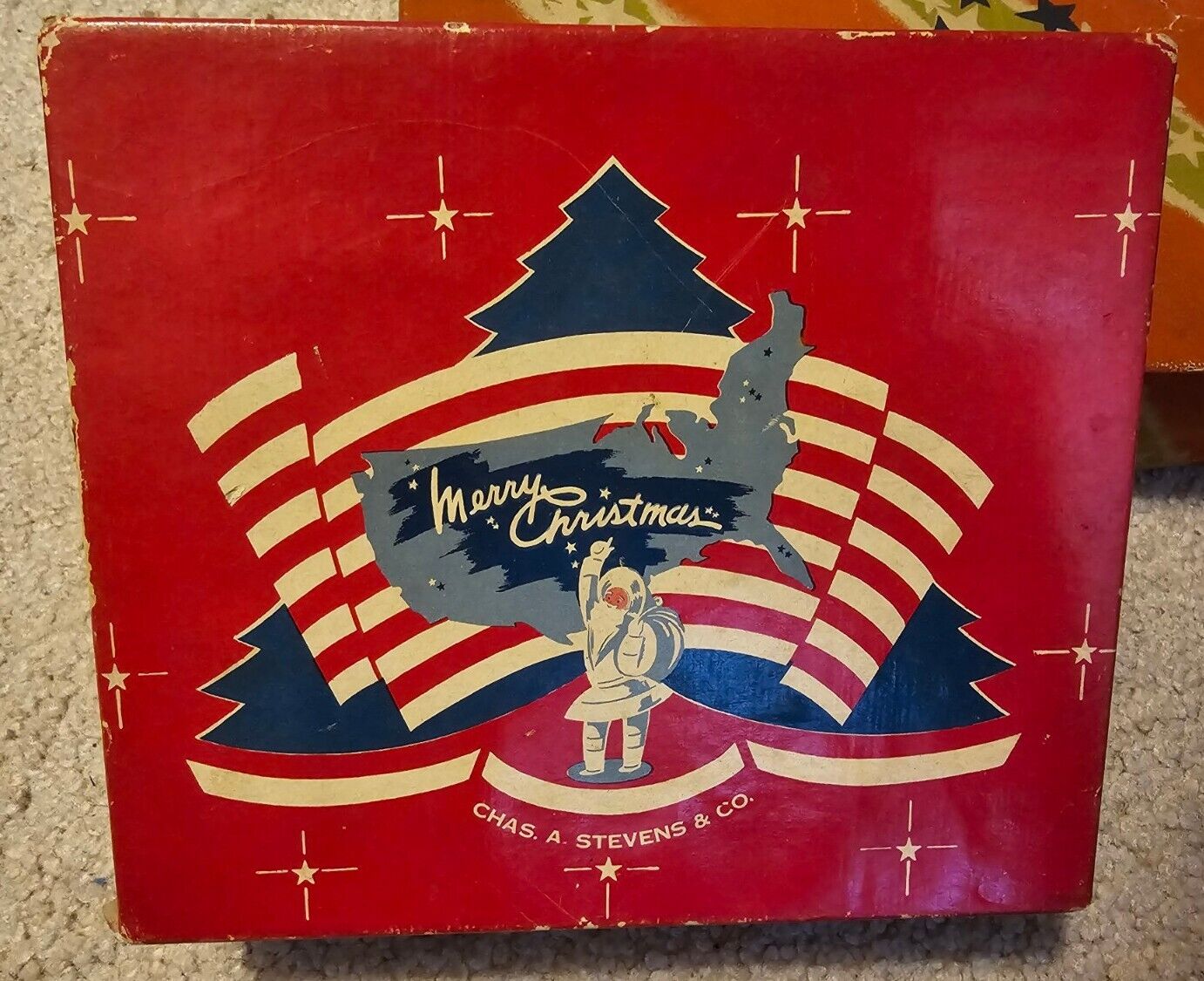 Vtg Chas A Stevens & Co. Chicago Dept Store Christmas Gift Box Patriotic Santa