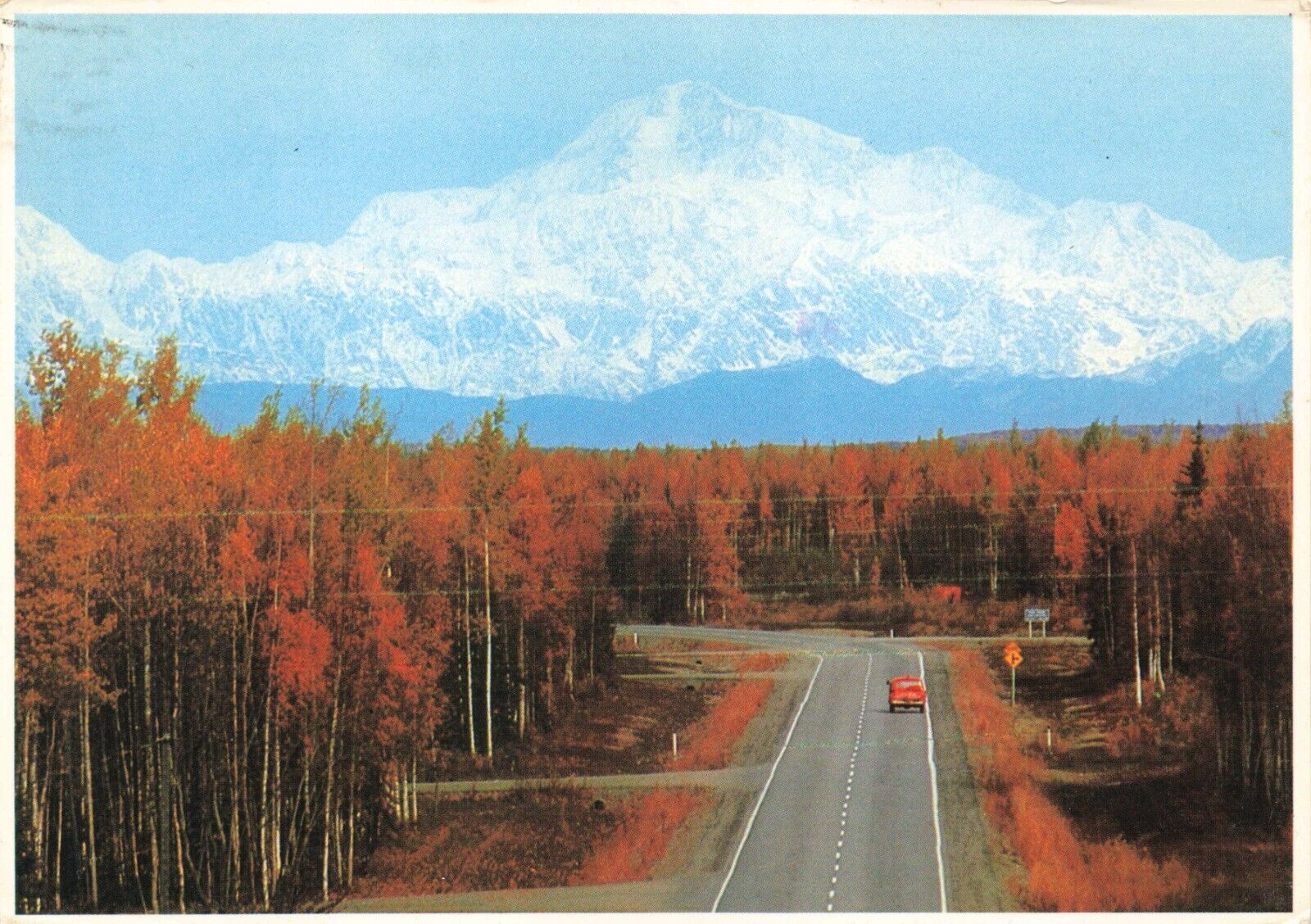 Postcard AK Mt. McKinley Denali Anchorage-Fairbanks Highway from Willow Car Snow