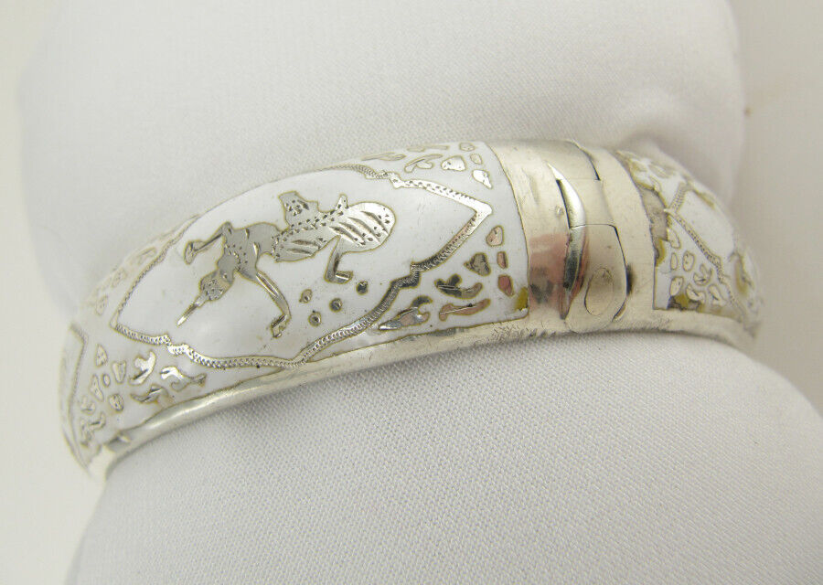 Vintage Niello ware White Sterling cuff bracelet 1x 2 ½ diam plus earrings Set