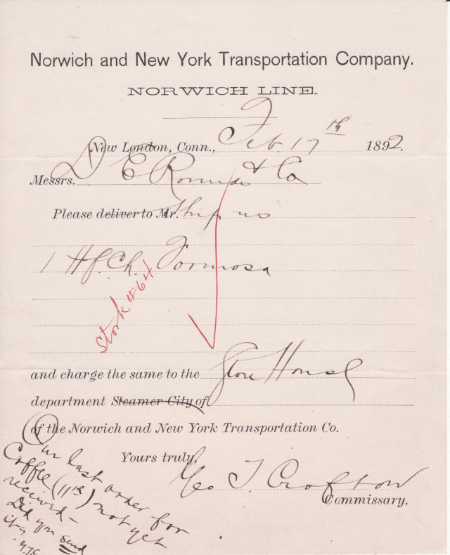 1892 Norwich And New York Transportation Company Billhead, Norwich, CT 