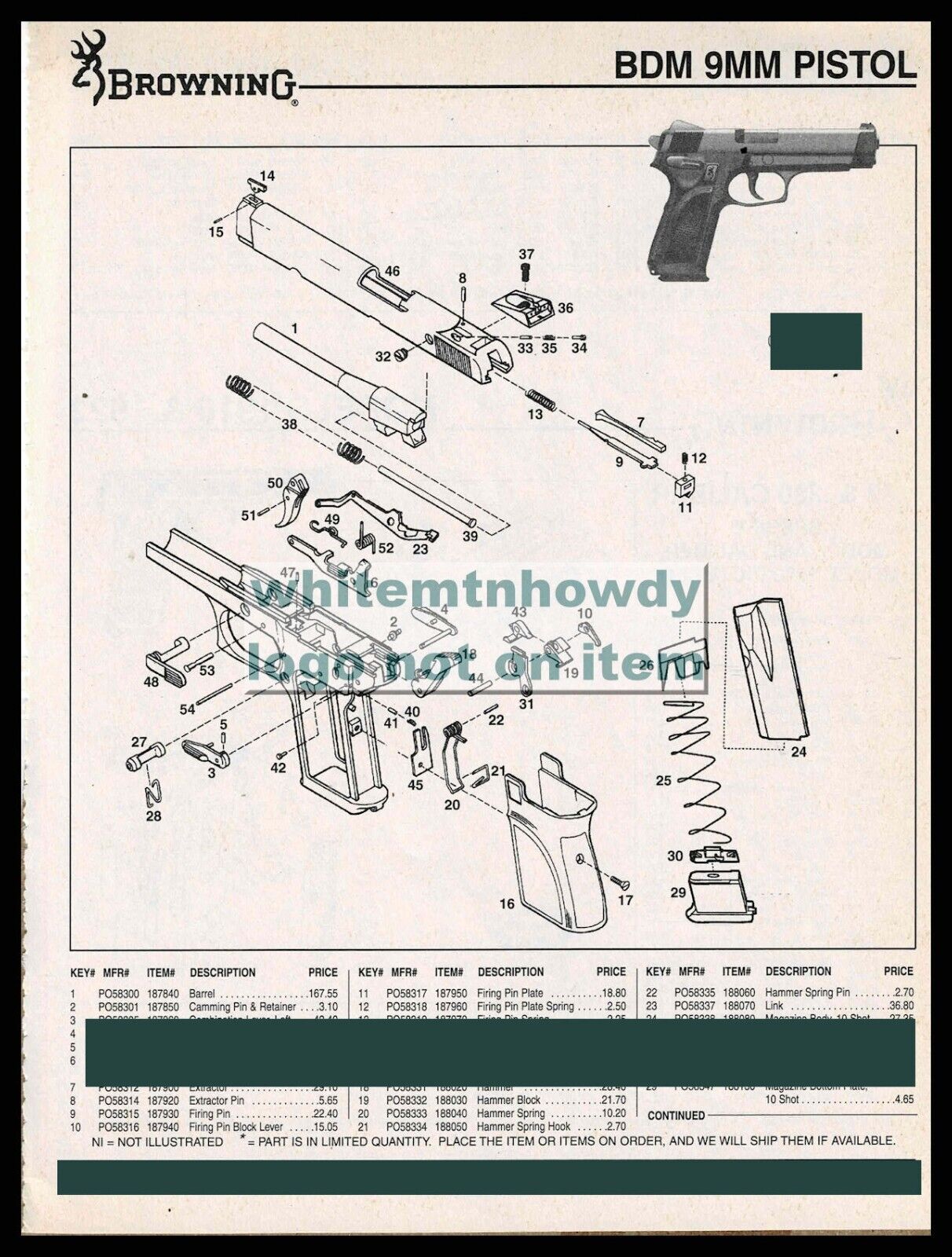 2005 BROWNING BDM 9mm Pistol Schematic Parts List