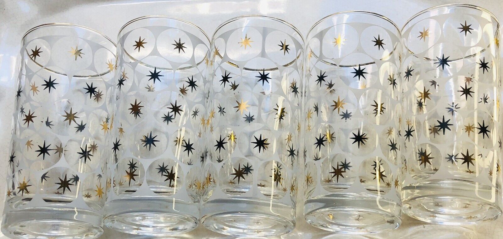 1960's Mid Cenury Mod Atomic Star Highball Beer Glass 22K Gold Black Barware-5
