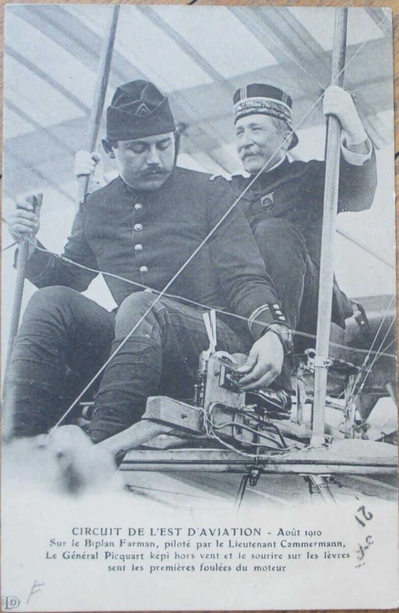 French Aviation 1910 Postcard, Lt. Cammermann, General Picquart, Biplane Farman