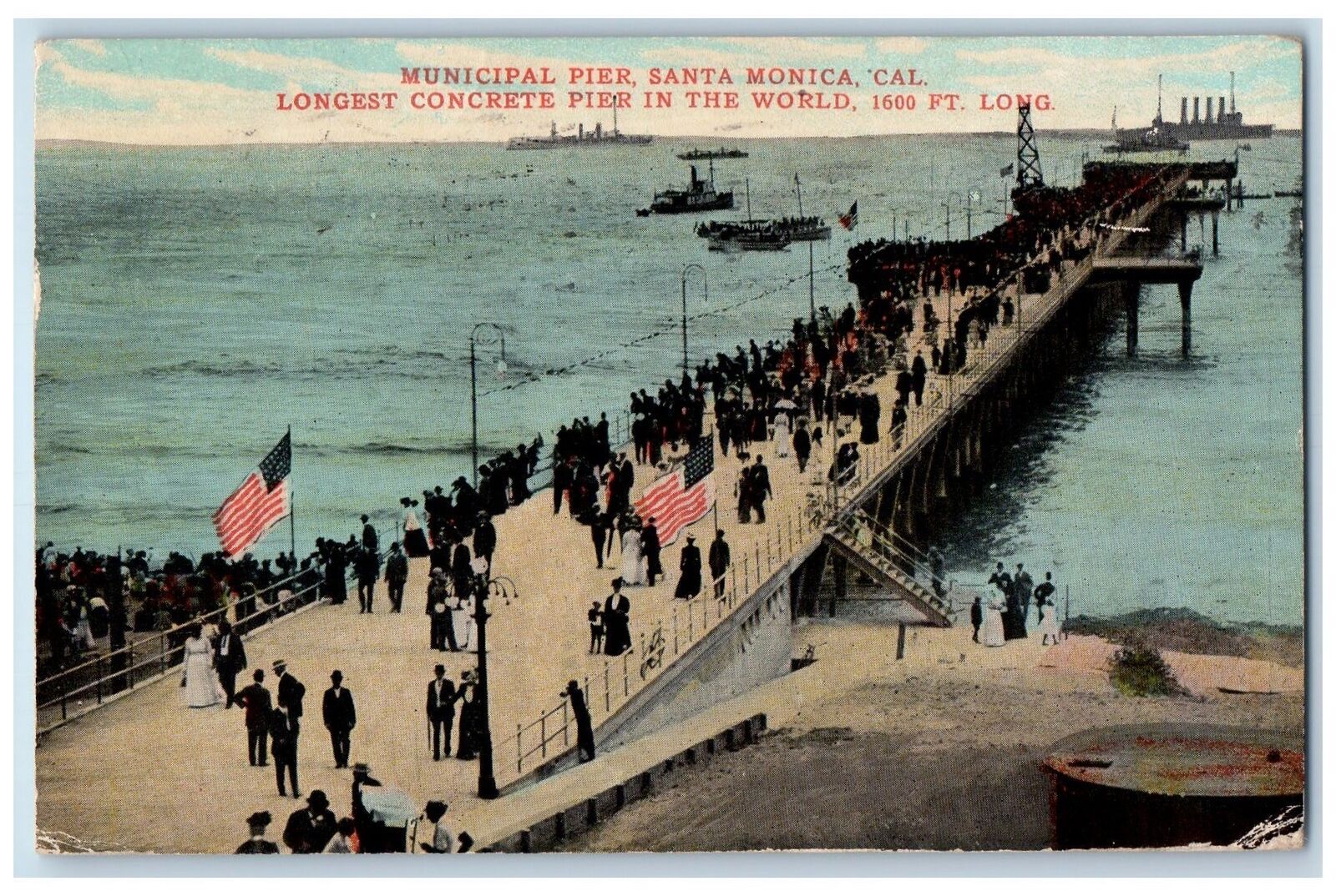1911 Municipal Pier Longest Concrete Pier Bridge Crowd Santa Monica CA Postcard