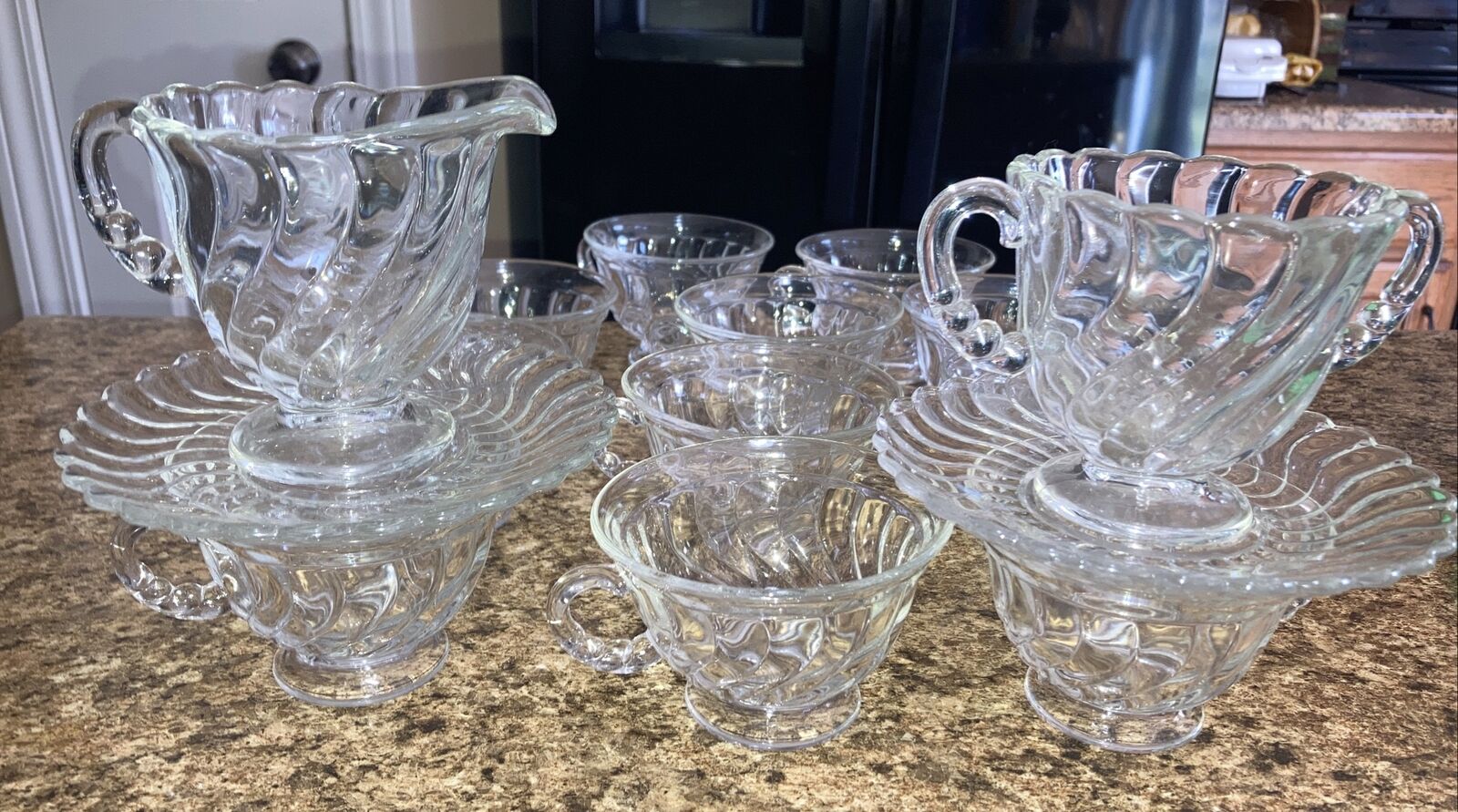 Lot Of 11 Vintage Mcm Footed Glass Punch Cups/Cream, Sugar  Saucers/ 15 Piece