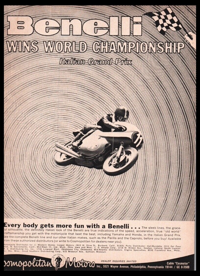 1966 Benelli Italian Gran Prix Motorcycle print ad /mini poster-Original 1960s