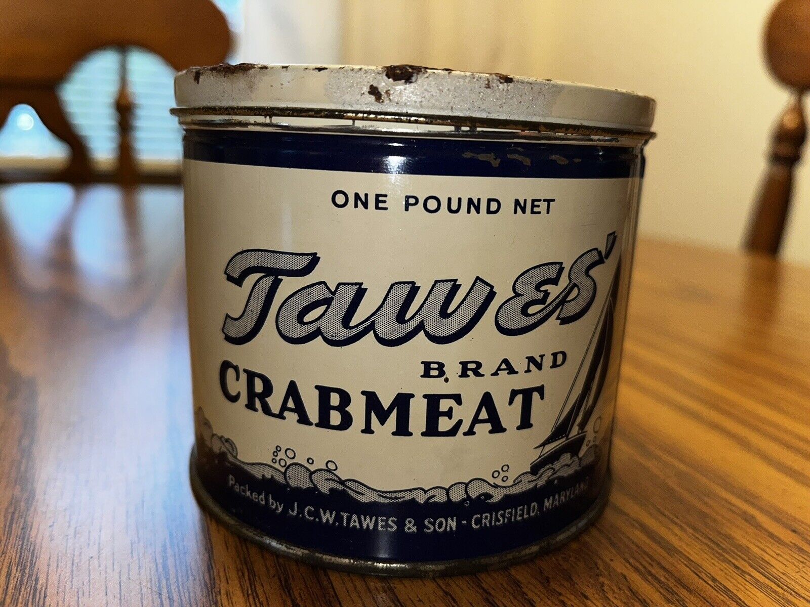 J C W Tawes & Son Crabmeat Can Crisfield MD 1 Lb Tin Vintage Blue Crab Meat