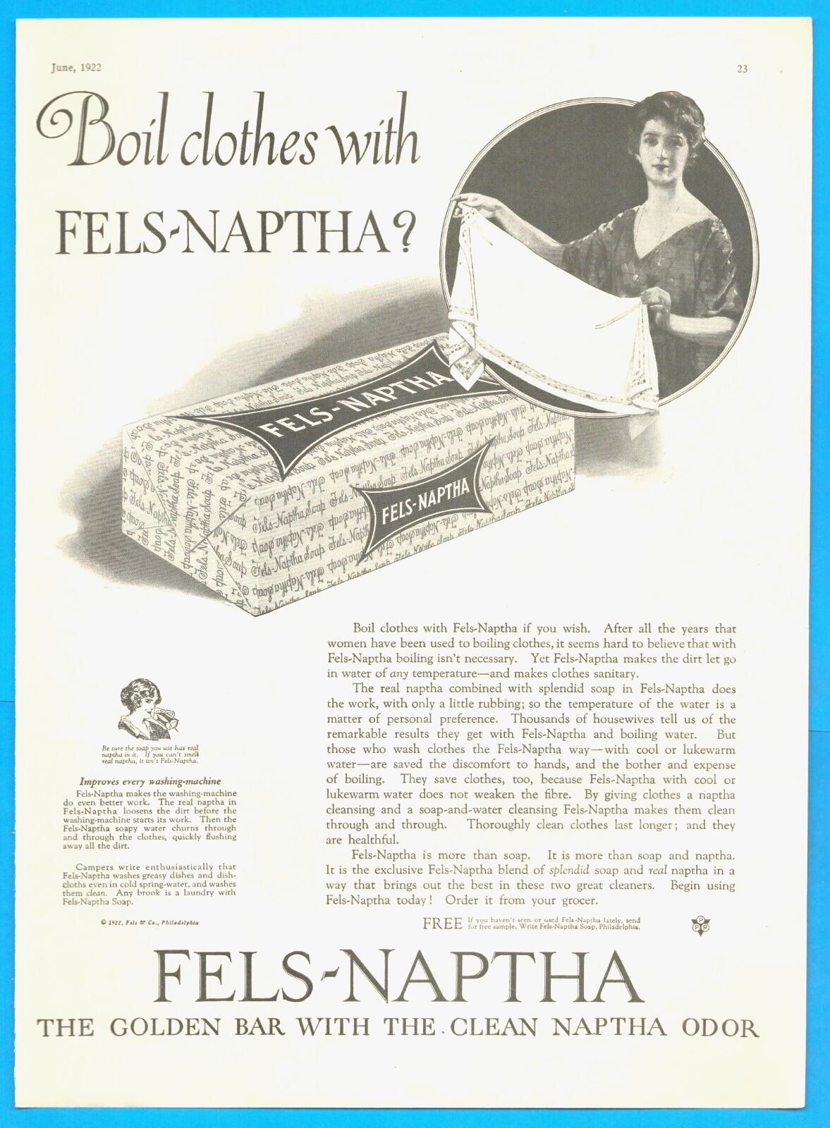 1922 FELS NAPTHA laundry soap antique PRINT AD washing machine clothes