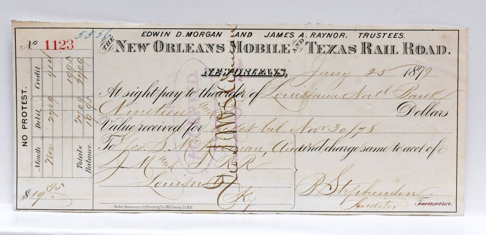 New Orleans Mobile & Texas Railroad 1879 to JM&I RR Antique Bank Check