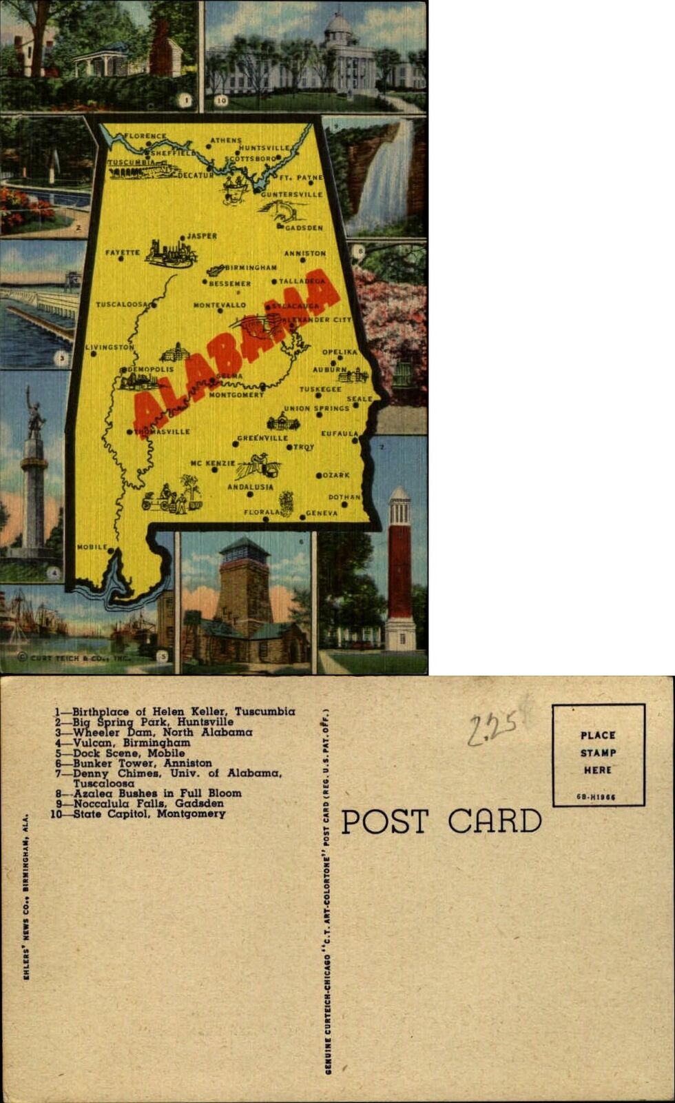 Alabama multi-view map 10 views linen 1940s