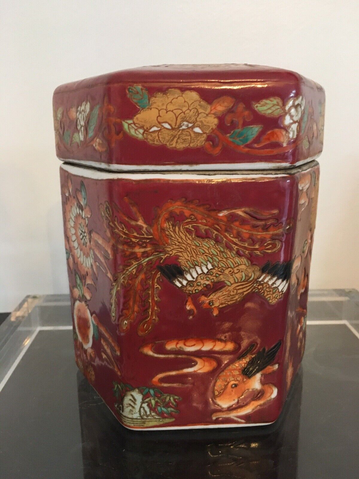 Oriental Chinese Hexagonar Covered Jar with Phoenix Birds H 7”
