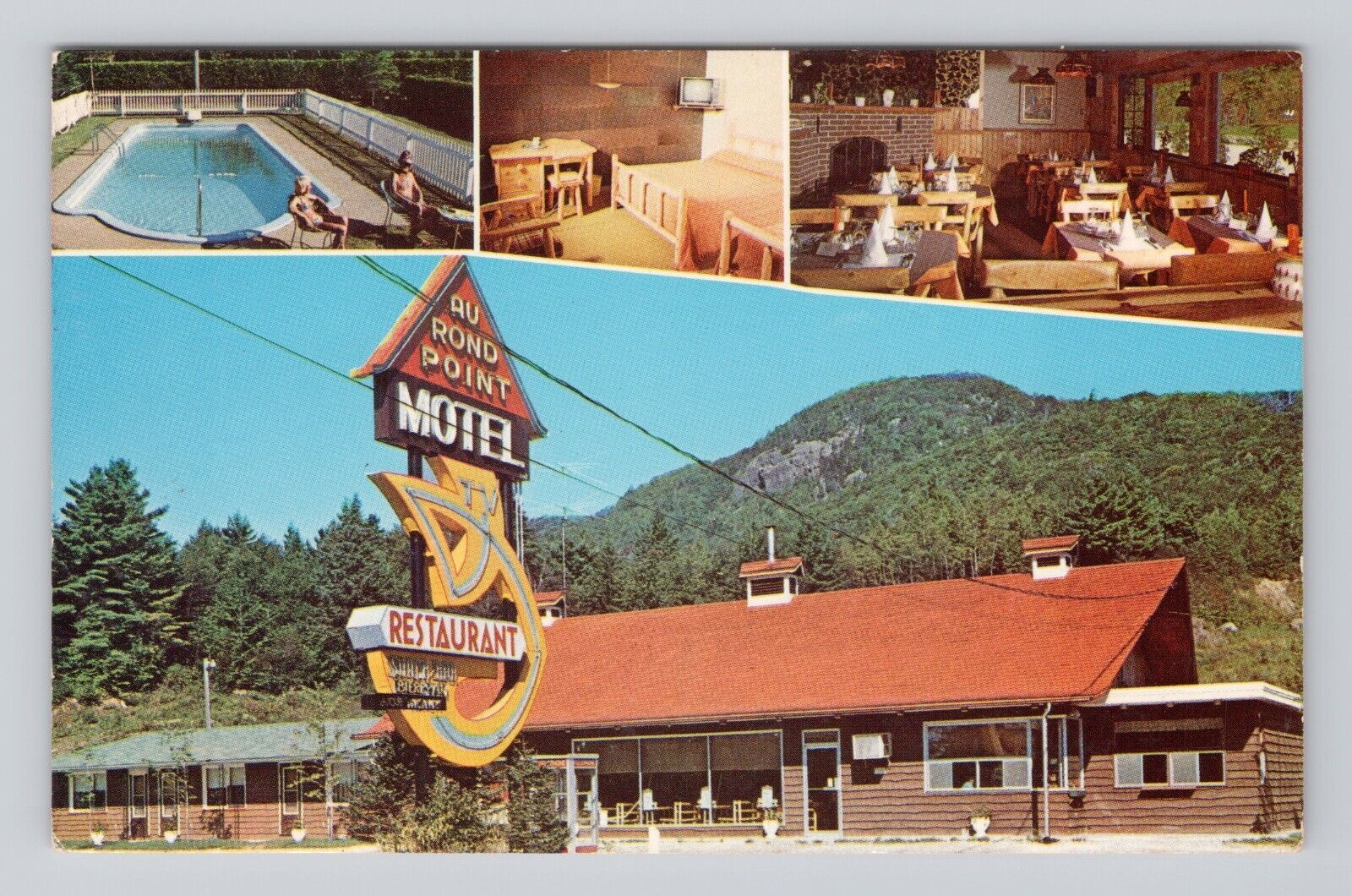 Postcard Au Rond Point Motel Restaurant Magog Quebec Canada Multiview sign pool