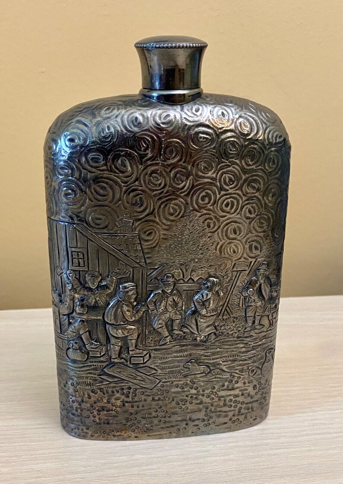 Antique Derby S P Co #42 Silver Plated Flask, Village Scenes