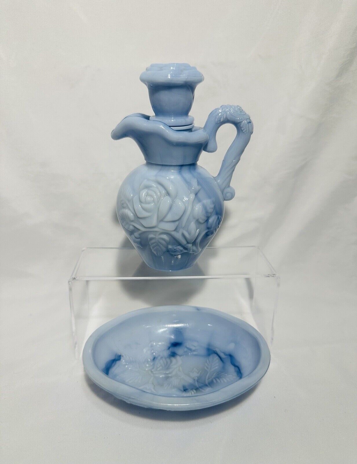 Vintage May 1978 Avon Victoriana Bubble Bath Blue Milk Pitcher Soap Dish Glass