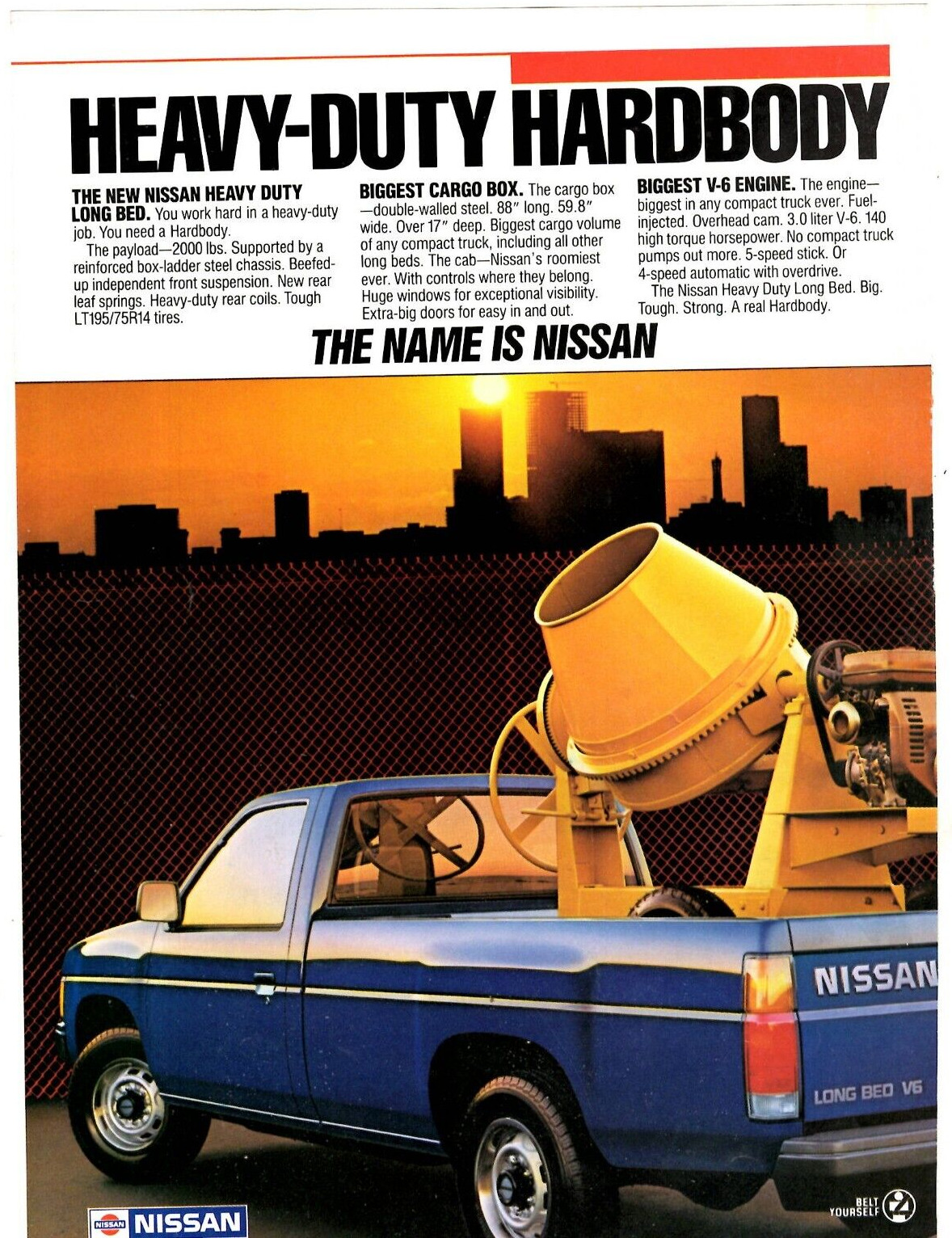 1986 Print Ad Nissan Pickup Truck Heavy Duty Long V-6 Engine Biggest Cargo Box
