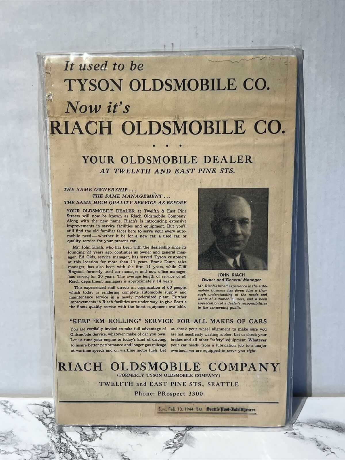 Vintage Oldsmobile Newspaper Ad 1944 Washington State Owner Change Notice Pictur