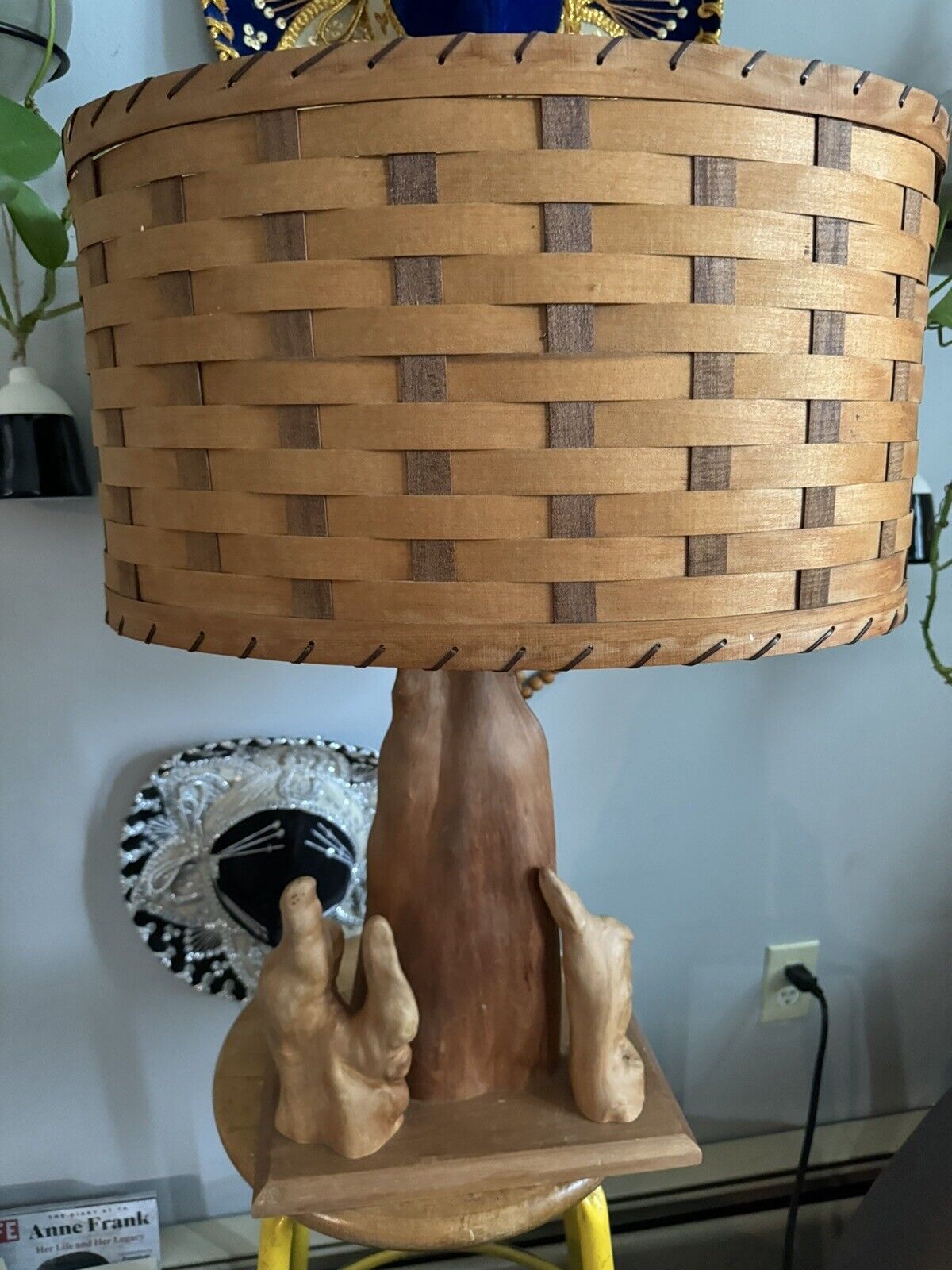 Vintage MCM Large Cypress Knees Lamp With Basket Weave Wooden Shade BEAUTIFUL
