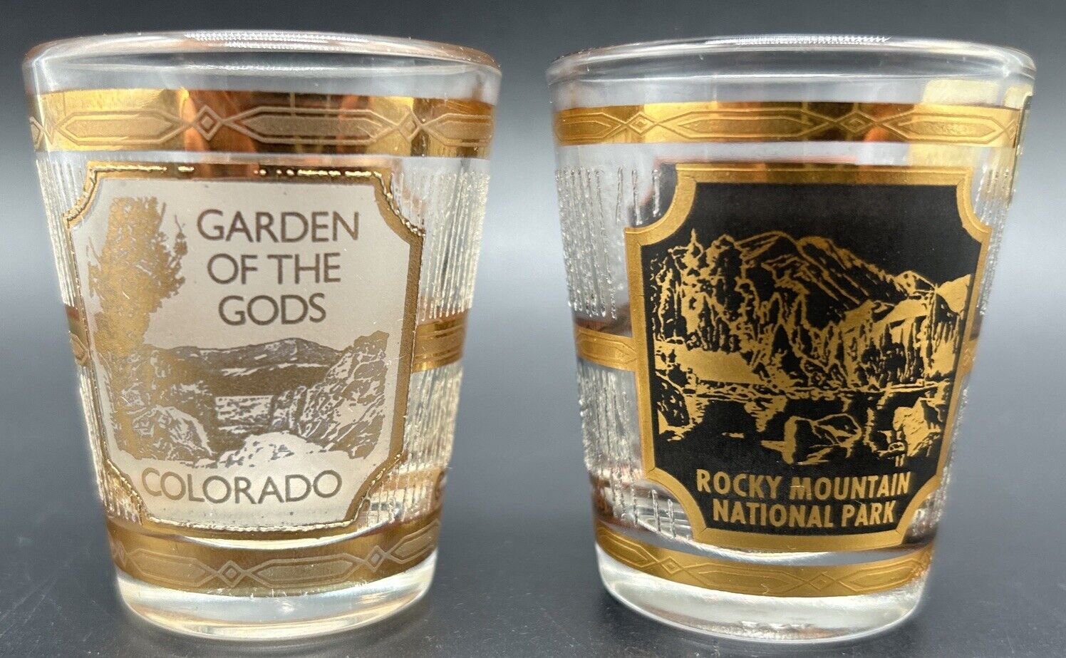 2 Vintage culver 22 karat gold Colorado souvenir shot glasses One original Tag