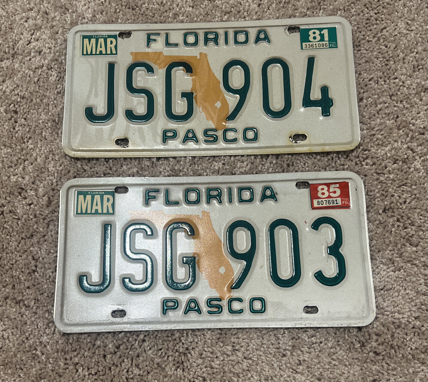 Florida License Plates Rare Consecutive Number String JSG903 & JSG904 Pasco Co