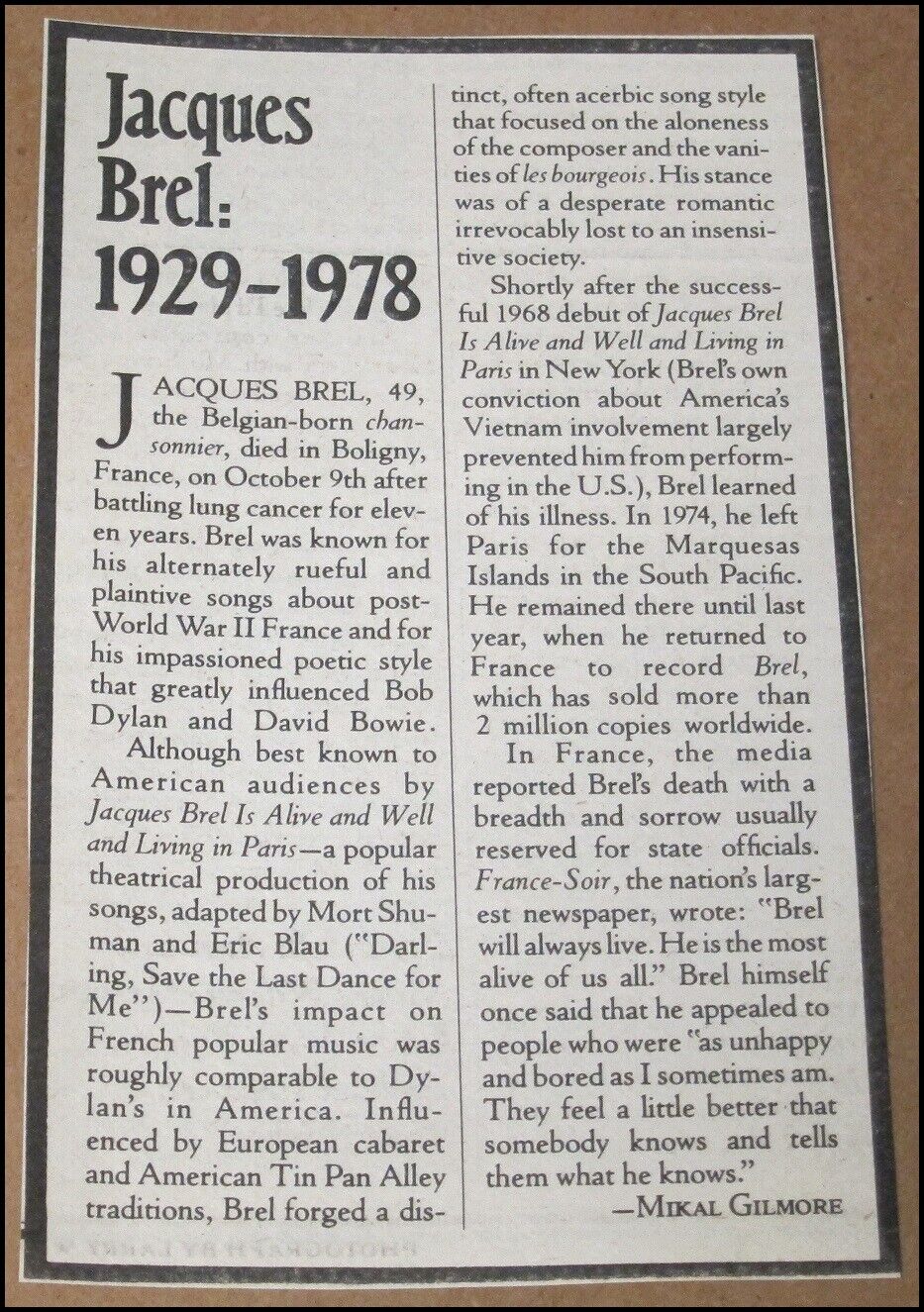 1978 Death of Jacques Brel Rolling Stone Newspaper Article Clipping 1929 - 1978