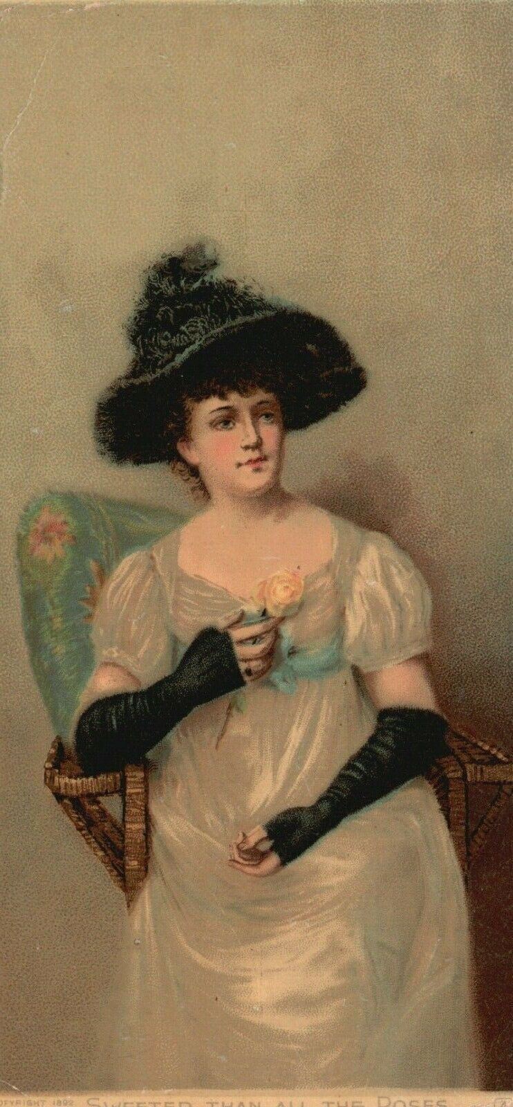 1880s-90s Victorian Woman in Black Hat Rose Sweeter Than All The RosesTrade Card