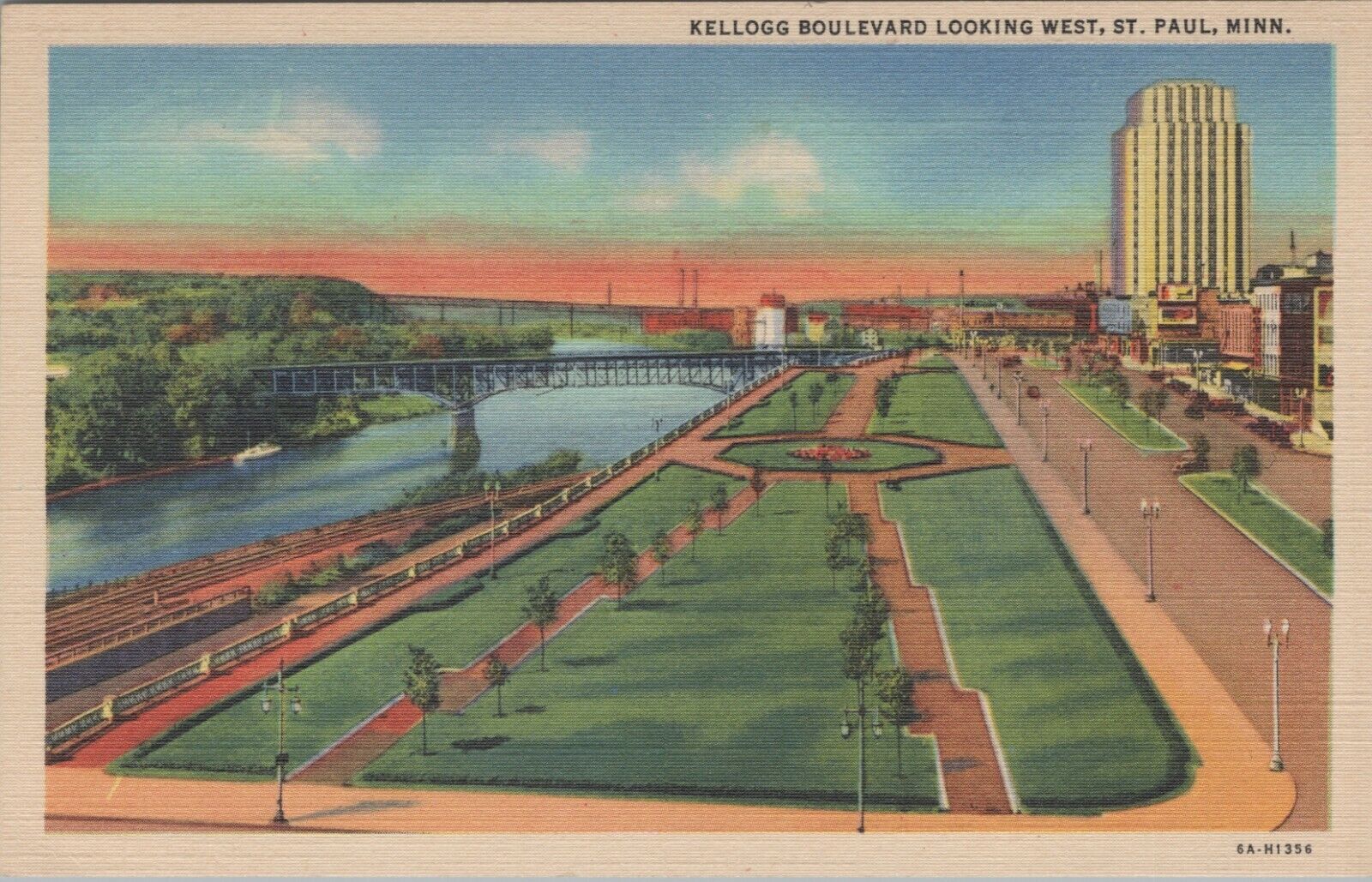 Kellogg Boulevard St Paul Minnesota view west Aerial View c1930s linen D614