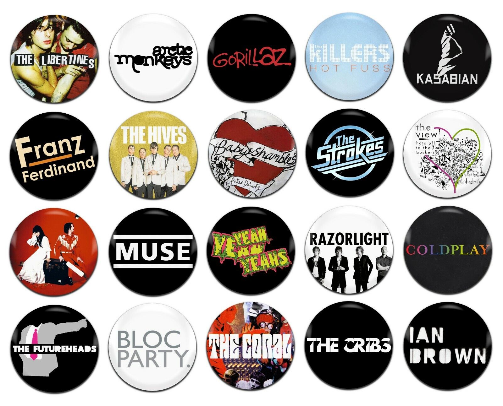 20x Indie Rock Bands 2000\'s Artists Various 25mm / 1 Inch D Pin Button Badges
