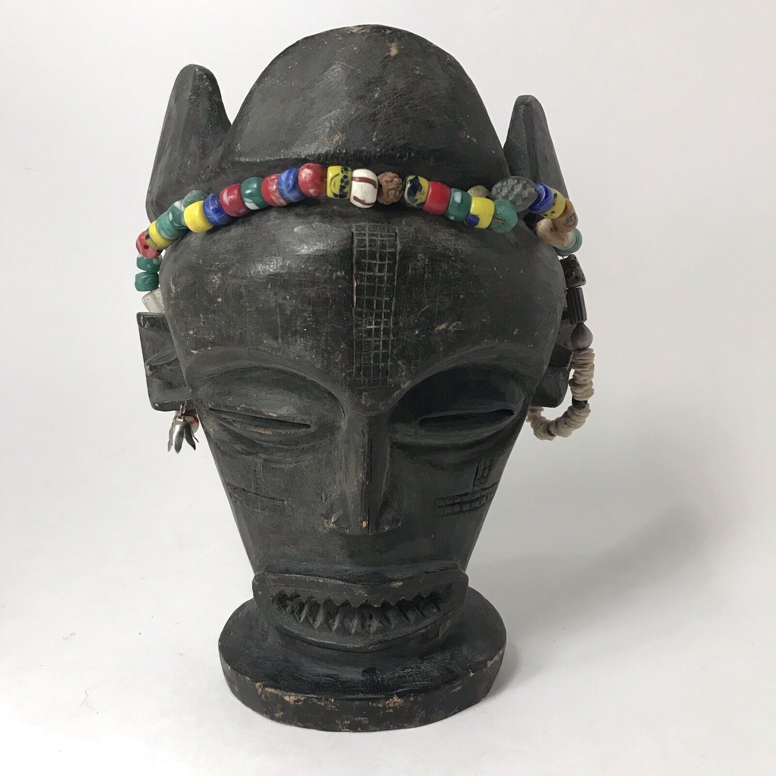 Vintage Authentic African Tribal Mask From Angola 1970 Glass Beads Heishi 9 1/2”