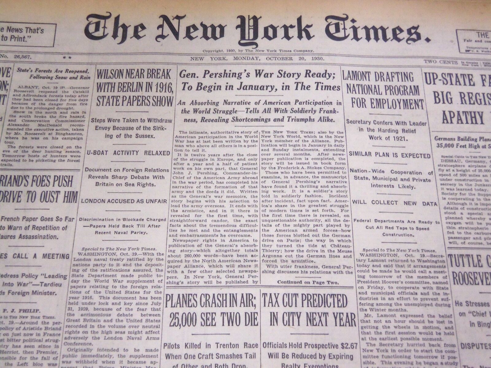1930 OCT 20 NEW YORK TIMES - GEN. PERSHING'S WAR STORY TO BEGIN IN JAN - NT 4968