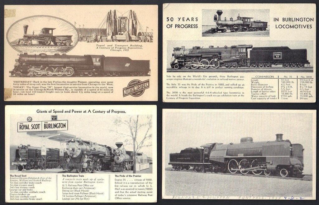 US 1934 TRAINS & LOCO. A WORLD FAIR CENTURY OF PROGRESS IN CHICAGO 4 PC 3 UNUSED
