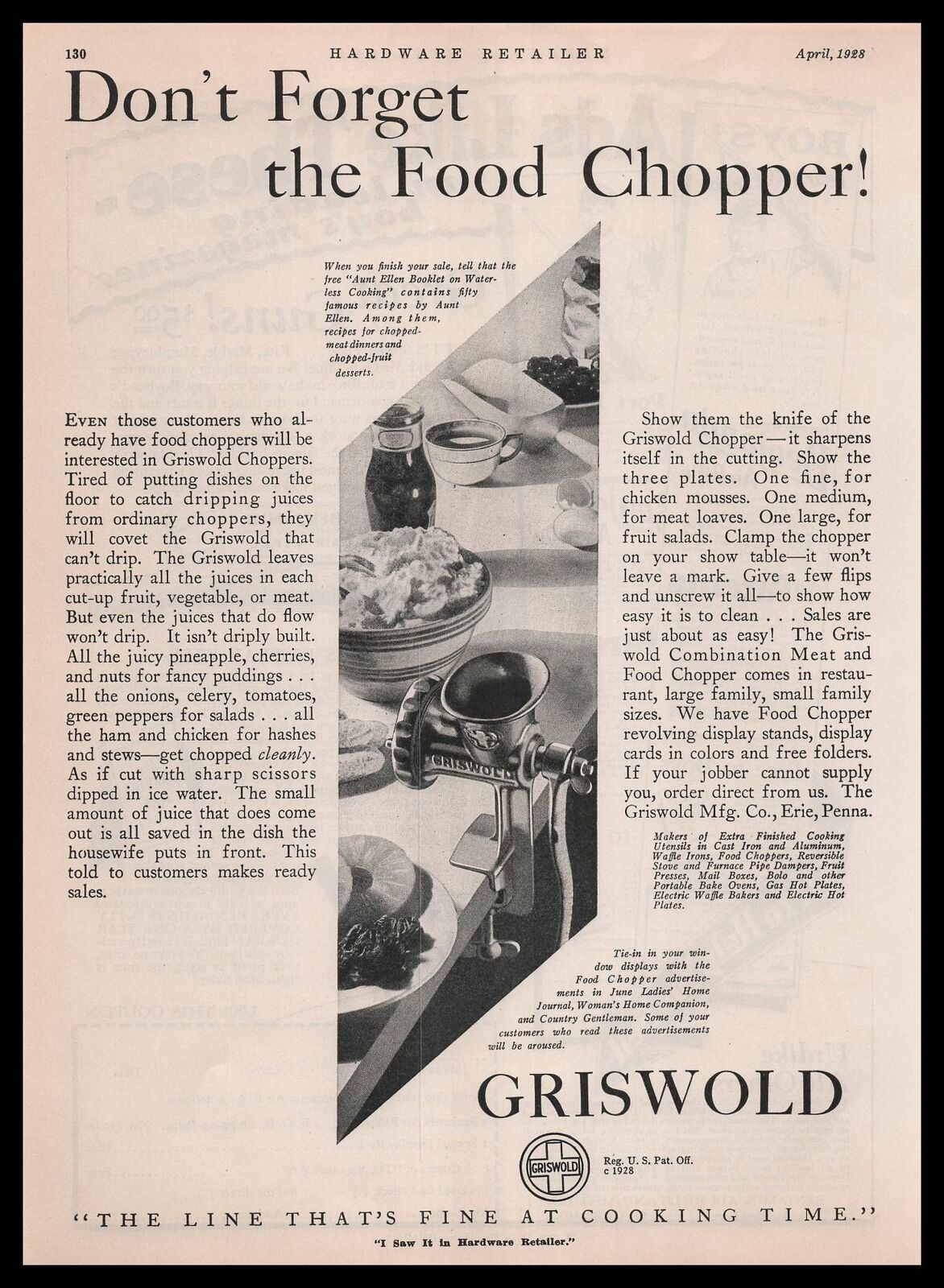 1928 Griswold Erie Pennsylvania Combination Meat & Food Chopper Vintage Print Ad