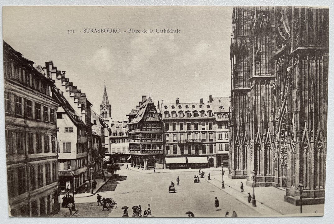 1910s litho postcard Strasbourg Place de la Cathedral cobblestone plaza carts