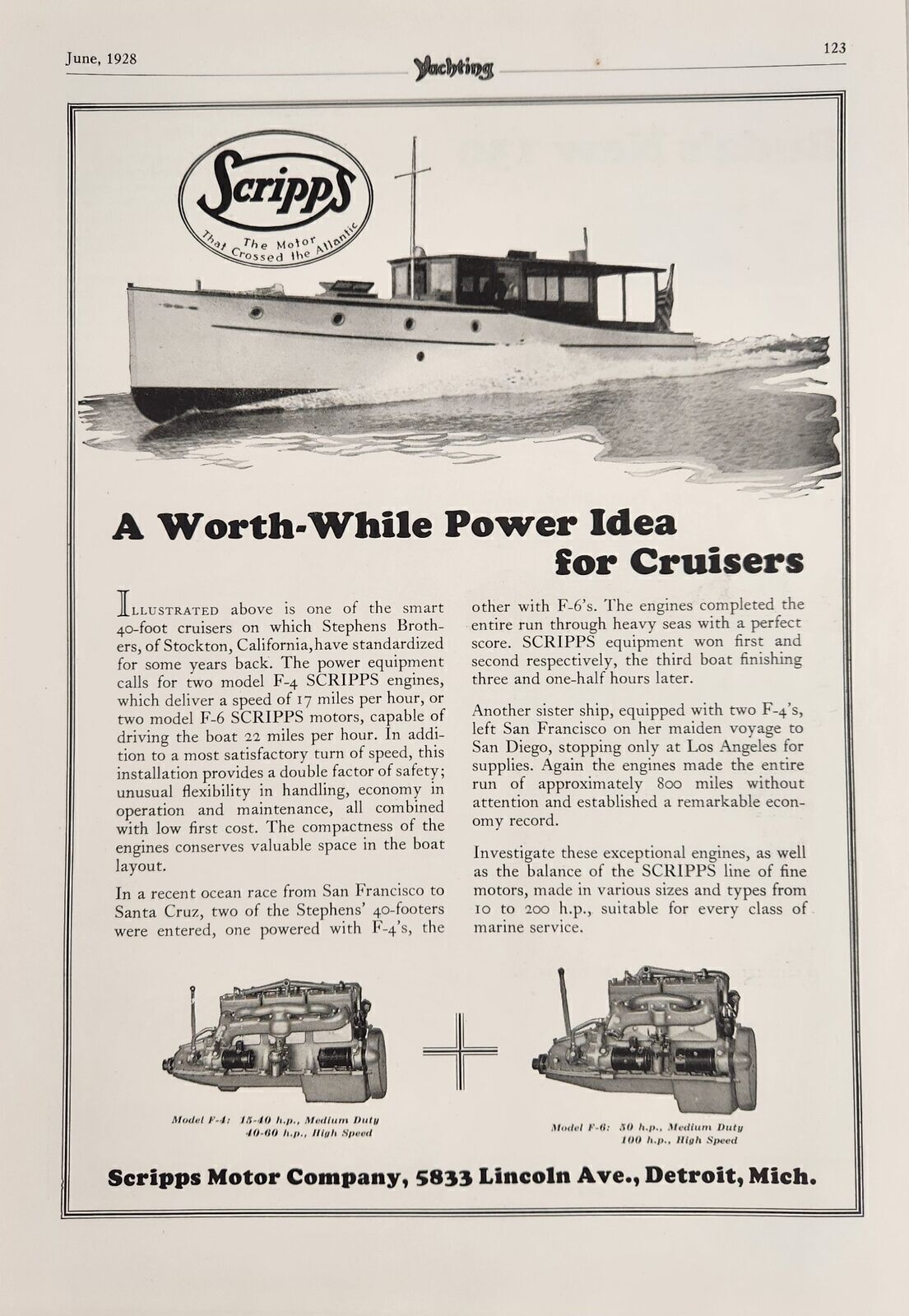 1928 Print Ad Scripps Marine Engines Stephens 40-Ft Cruiser Motor Detroit,MI