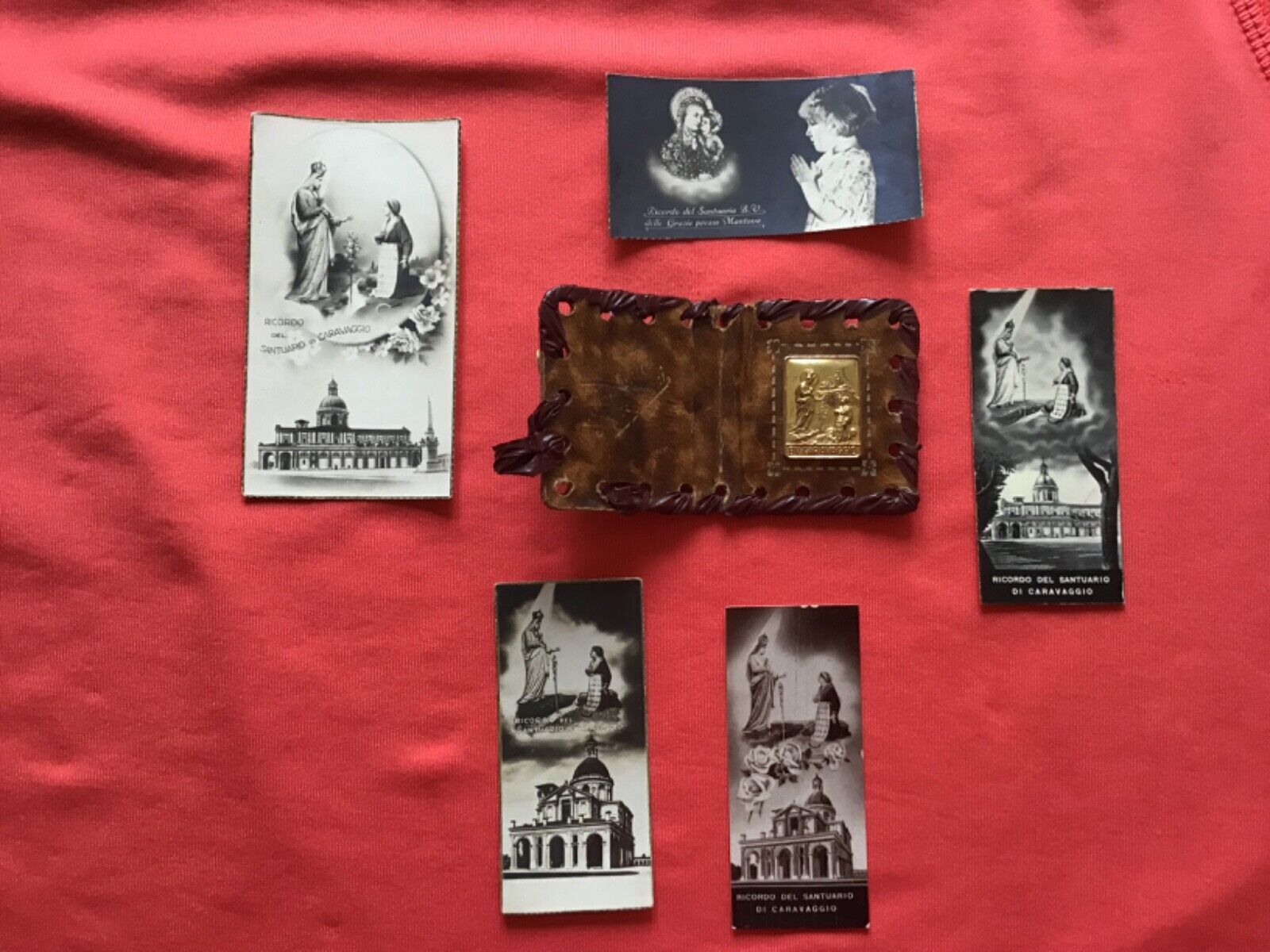 Antique pocket shrine relic of monastery Caravaggio Italy 1960th + 5 holy cards