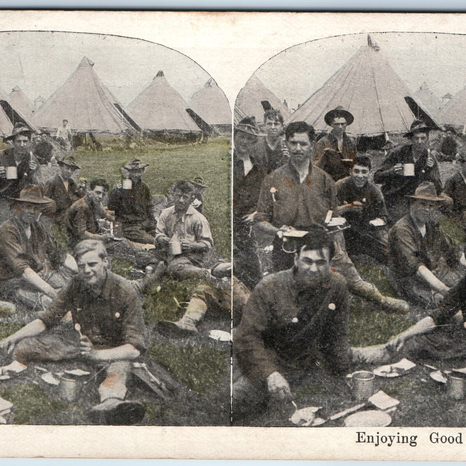 c1910s WWI Enjoying Good Rations Camp Tent Men Litho Photo Stereoview Army V47