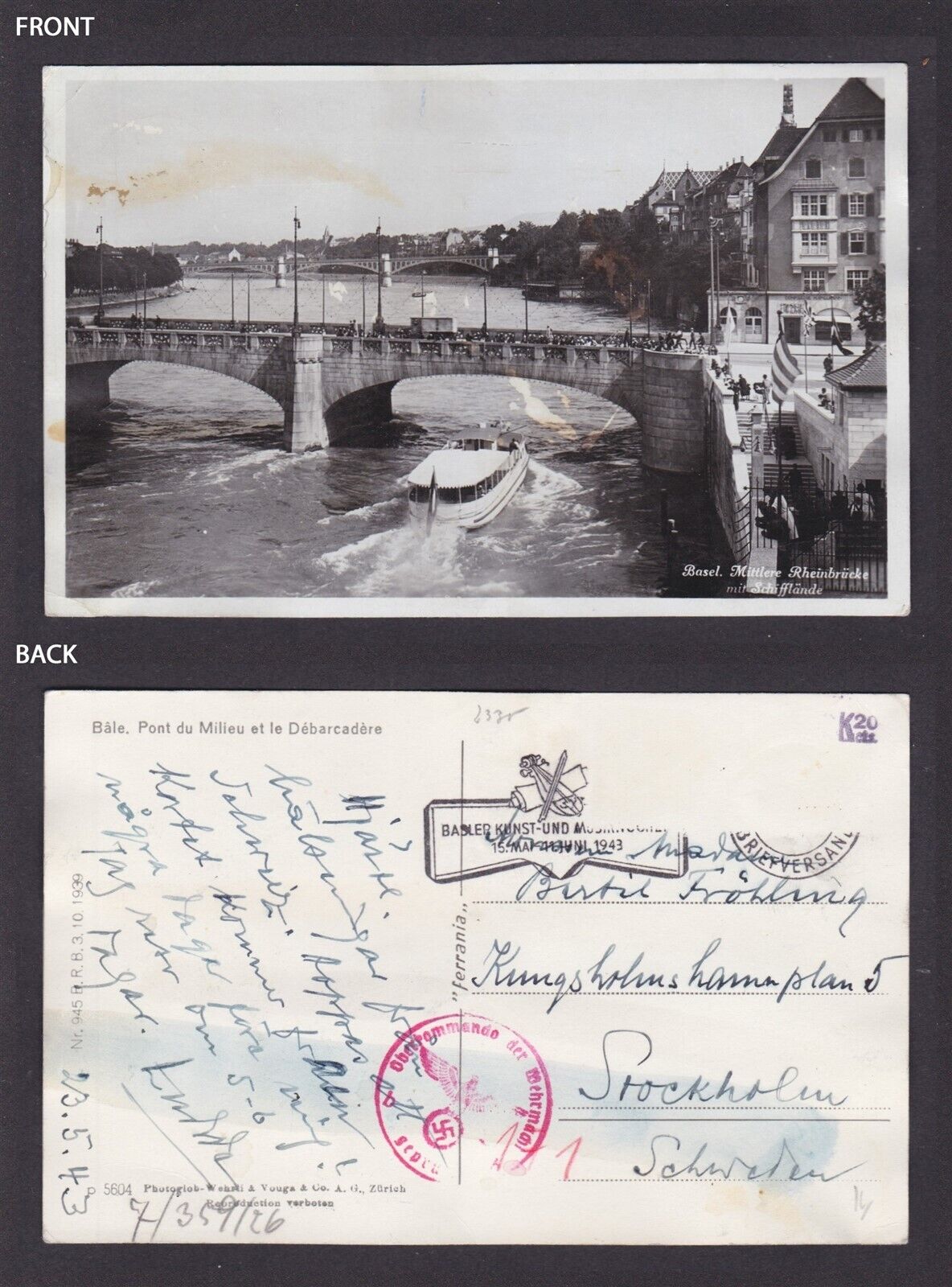 SWTZERLAND, Vintge postcard, Basel, Middle Bridge, Censored